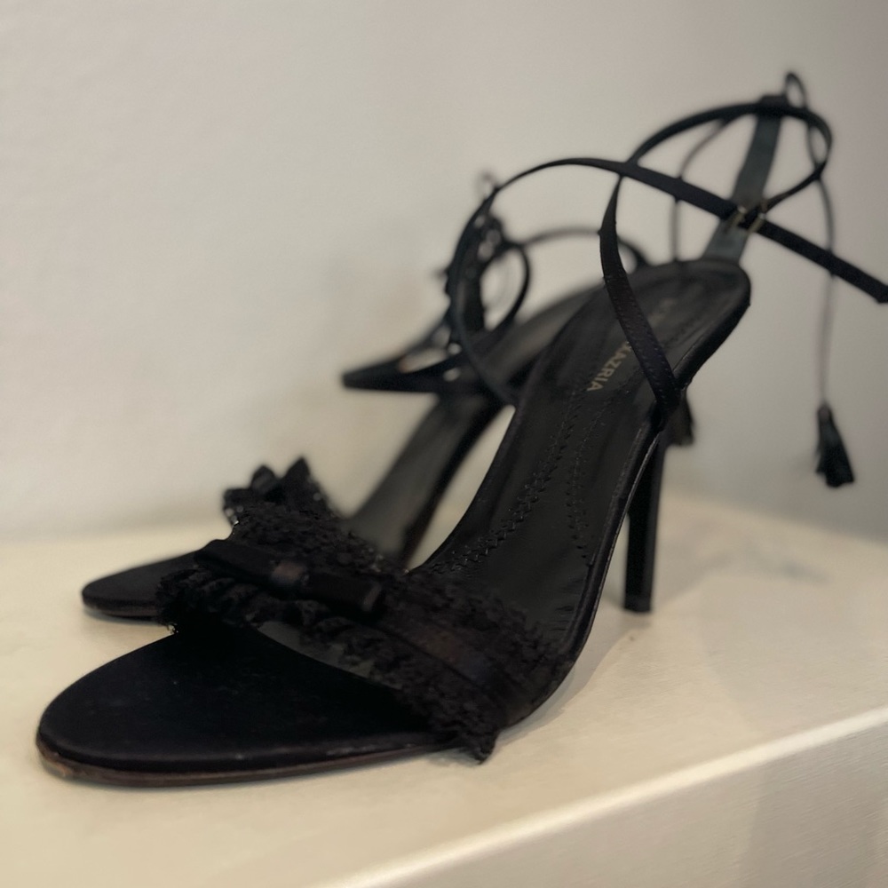 BCBGMAXAZARIA Melissa Satin Black Strappy Heels